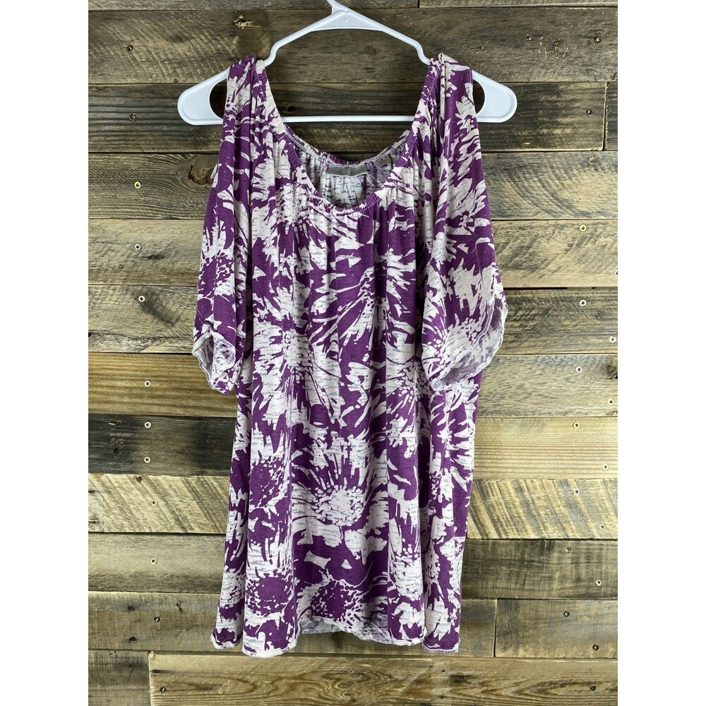 Avenue Women Pls Sz 22/24 Purple/White Floral Cold Shoulder Top Elastic Neckline